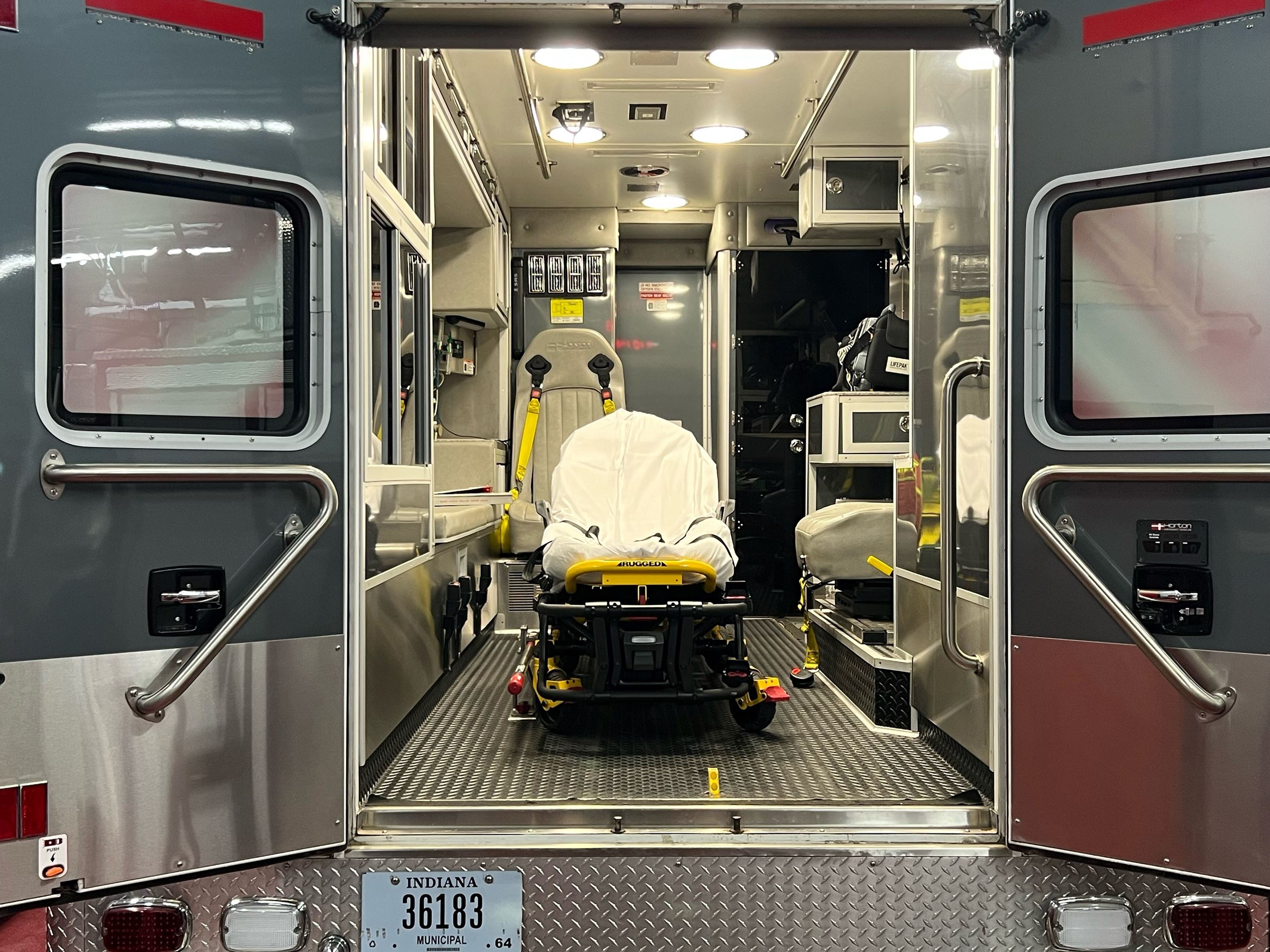 Rear interior view of 2015 Horton Ambulance with doors open