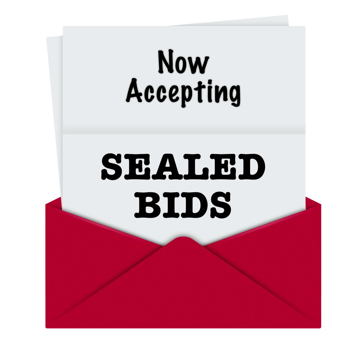 Now Accepting Sealed Bids, image with red envelope and sheet of paper